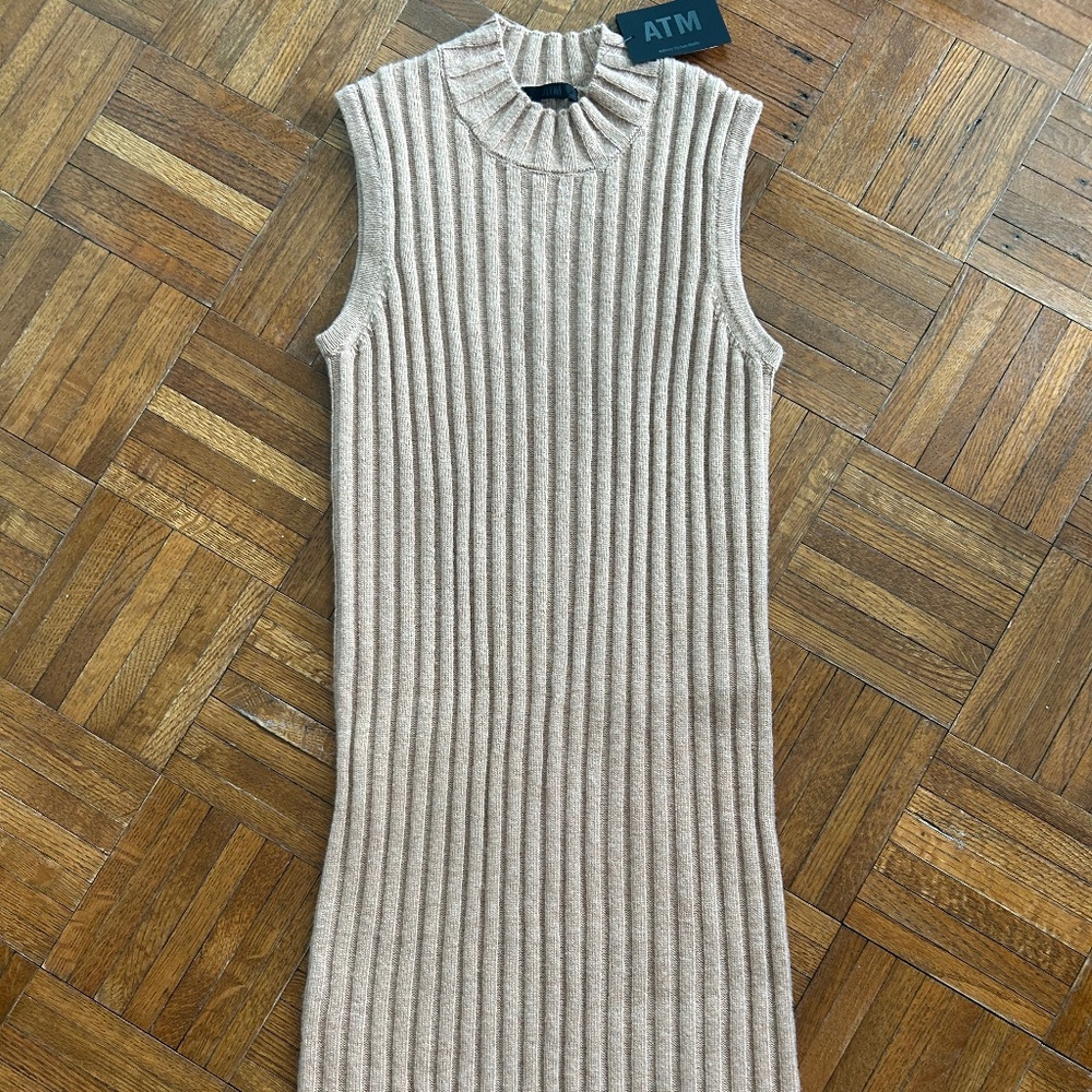 ATM Anthony Thomas Melillo Sleeveless Mock Neck Ribbed Sweaterdress Beige S